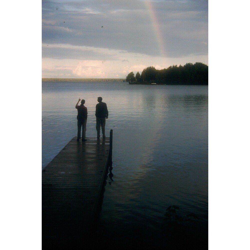 Kodak Slide 1950s Red Border Kodachrome Two Men On A Dock Starring Into Water